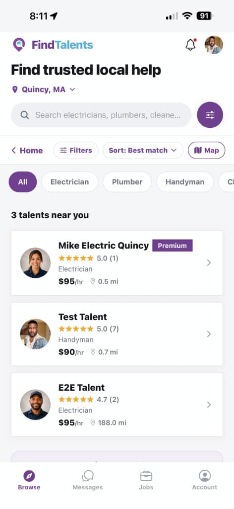 FindTalents app browse results near you