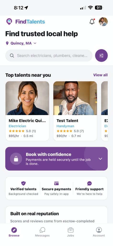 FindTalents app home with top talents near you