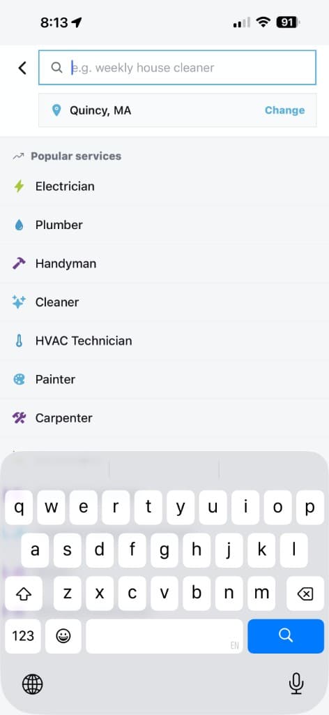 FindTalents app search with popular services